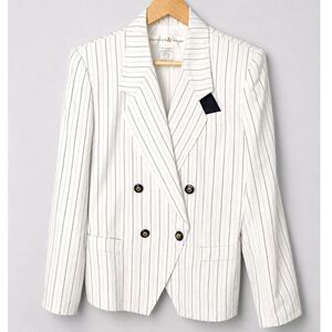 Vintage Preswick & Moore Blazer 12 Cream Navy Pinstripe Double Breasted